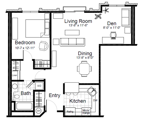 Floor plan for 1 bed, 1 bath, 865 sqft